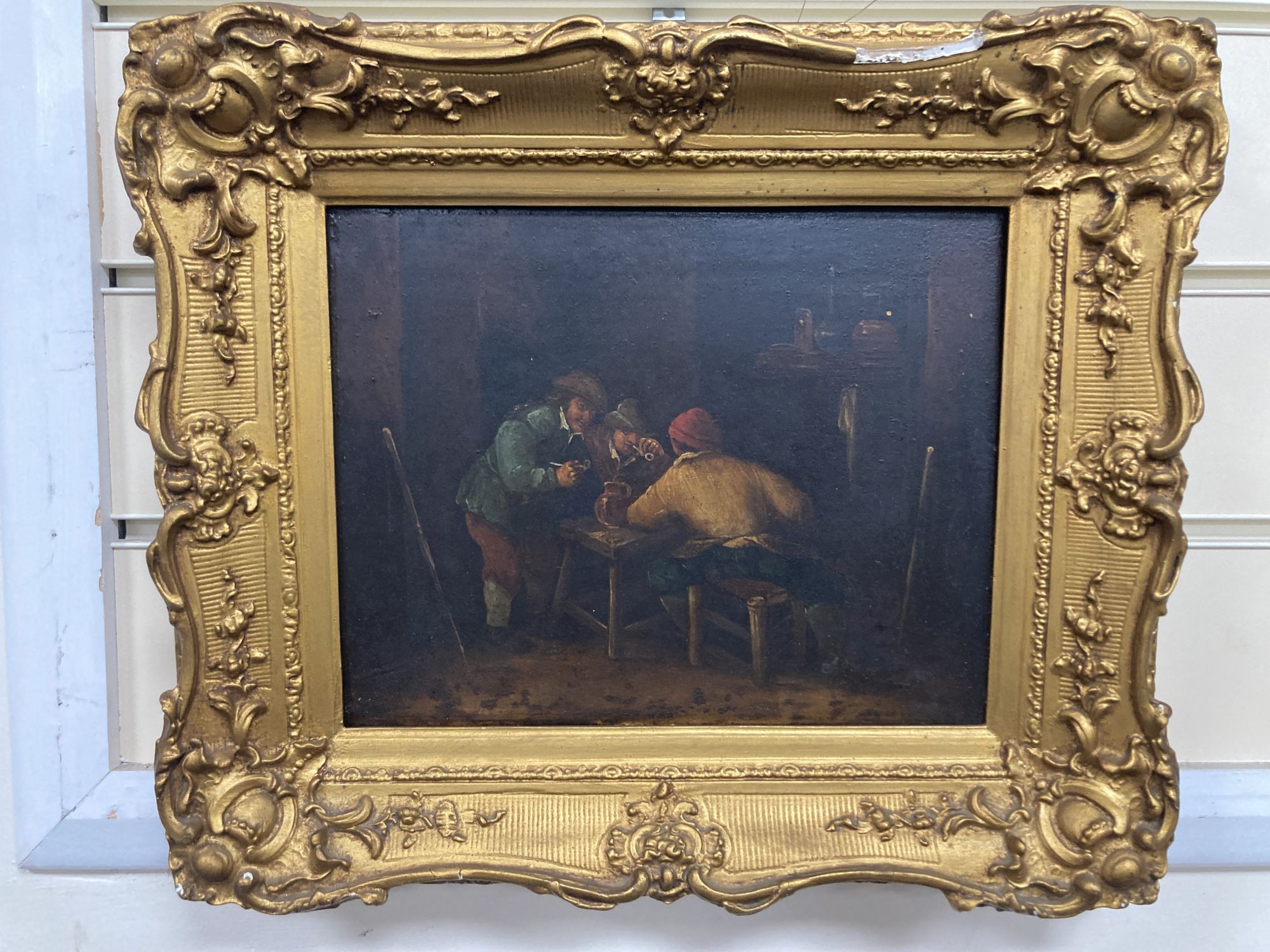 After Adriaen Van Ostade (1610-1685), oil on wooden panel, Interior with pipe smokers, 19 x 24.5cm